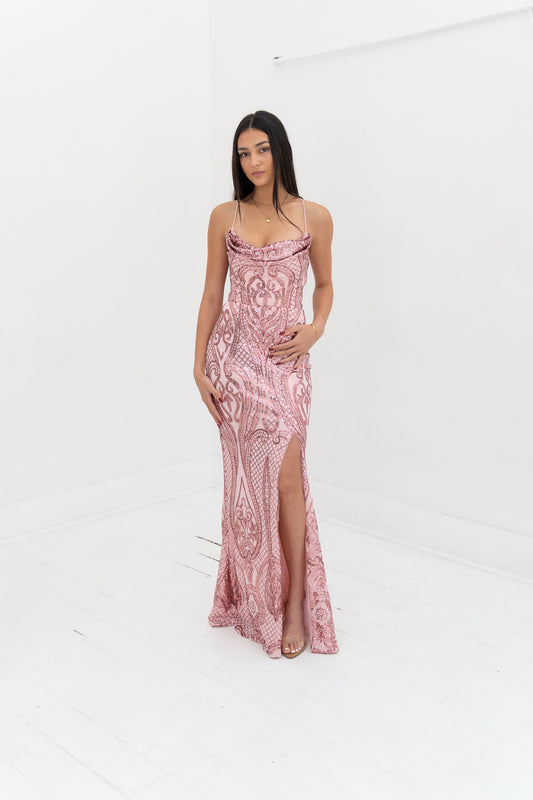 Stephanie Cowl Draped Sequin Gown